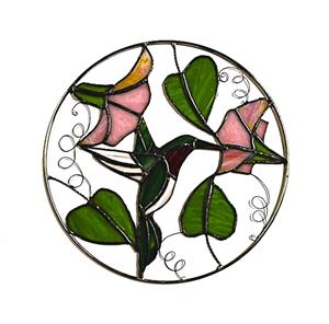 stained glass circle with flowers and hummingbird