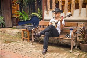 man playing banjo on public street