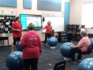 elderly people performing ball drumming class