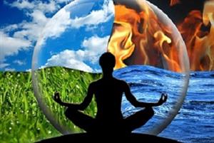 mindful meditation pose with graphics of water, earth, sky, and fire