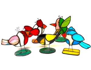 five stained glass quarky birds