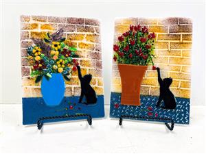 Glass Picture Cat with Flowers