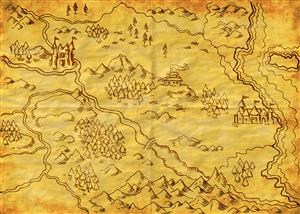 Drawn map with mountains and castles