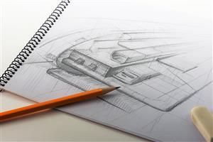 Futuristic Drawing with Pencil on top of sketchbook