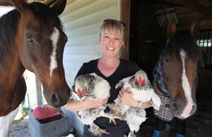 woman holding chickens next to her horses